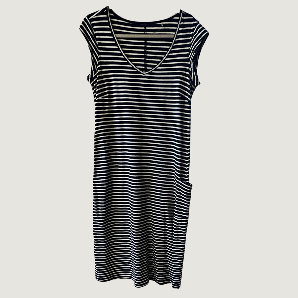 Toad&Co Dress Women Blue/White Striped V-Neck Short Sleeve Midi Pockets M